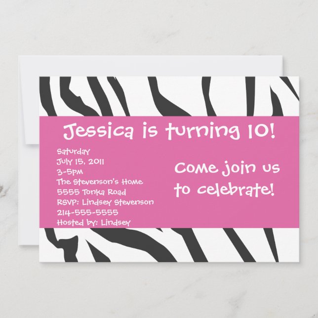 Zebra Print mit rosa Geburtstag Einladung (Vorderseite)