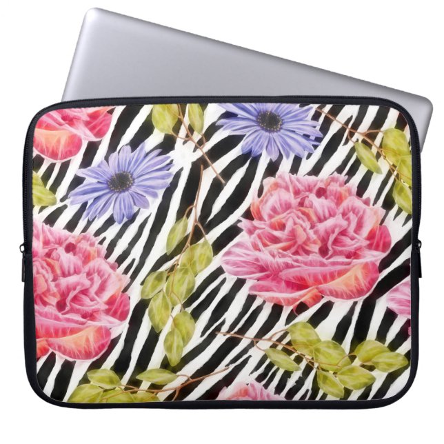 Zebra Print mit schick rosa und Lila floralen Laptopschutzhülle (Vorderseite)
