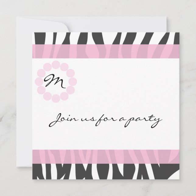Zebra Print Monogram Geburtstagsparty Einladung (Vorderseite)
