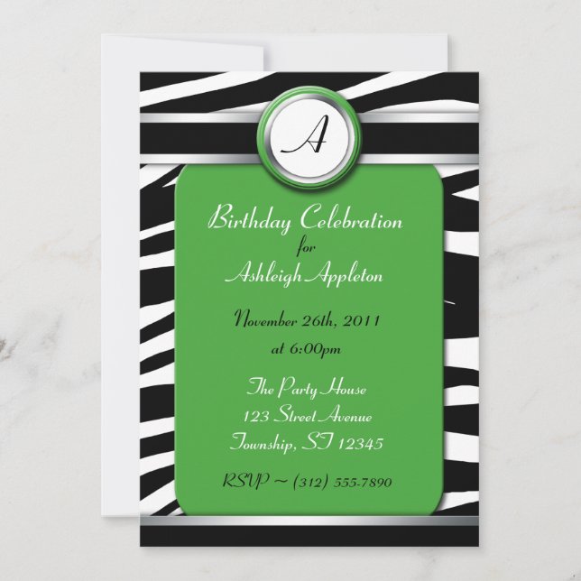 Zebra Print Monogram Green Birthday Einladungen (Vorderseite)