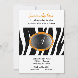 Zebra Print Orange Glas Monogram Birthday Einladung