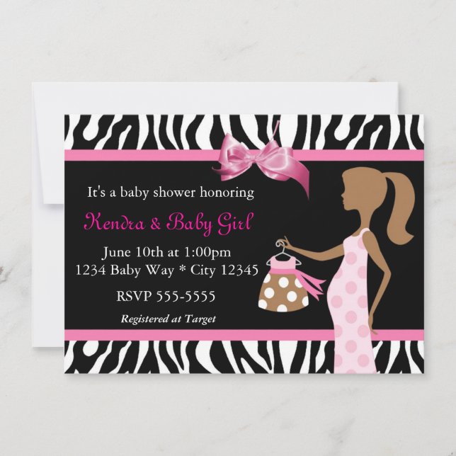 Zebra Print & Pink Bow Mod Mama Baby Girl Dusche Einladung (Vorderseite)