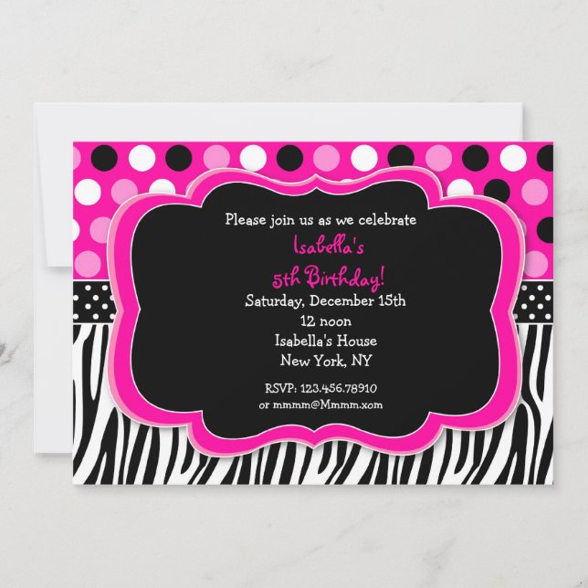 Zebra Print Polka dots BIrthday Einladungen (Vorderseite)