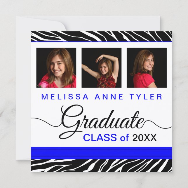 Zebra Print Royal Blue Photo Graduation Invitation (Devant)
