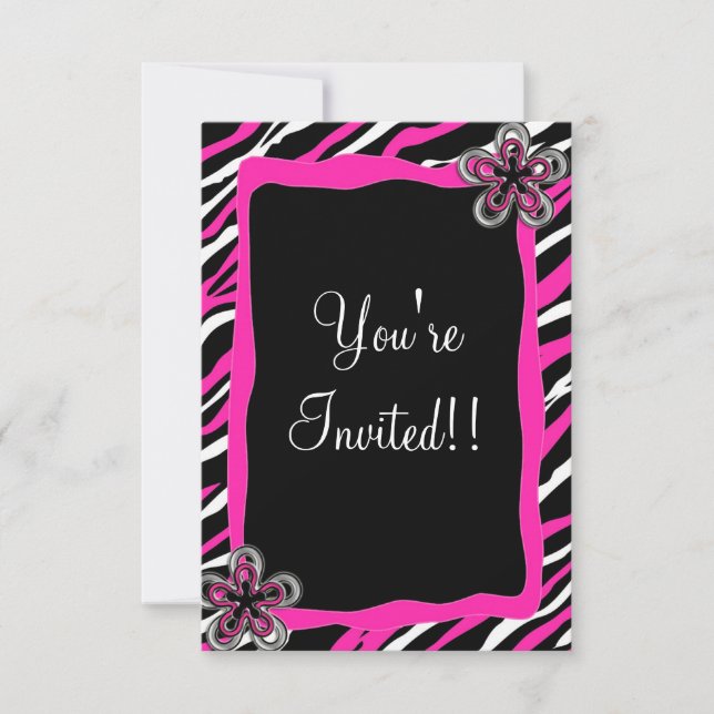 Zebra Print RSVP Card - Hot Pink mit Blume Einladung (Vorderseite)