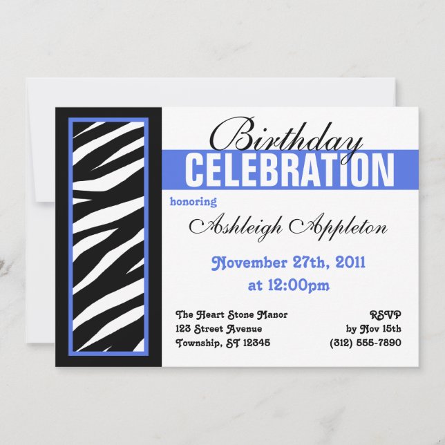Zebra Print Side Blue Geburtstagsparty Einladungen (Vorderseite)