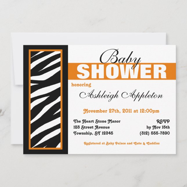 Zebra Print Side Orange Baby Shower Invitations (Devant)