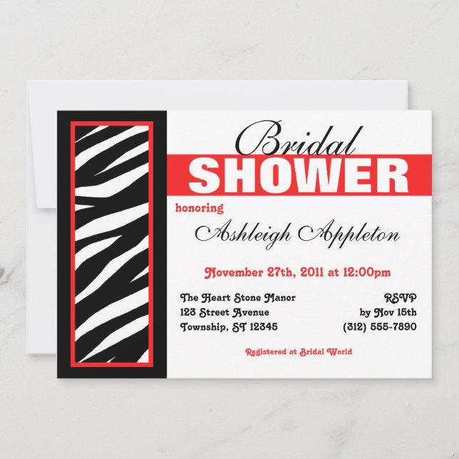 Zebra Print Side Red Bridal Dusche Einladungen (Vorderseite)