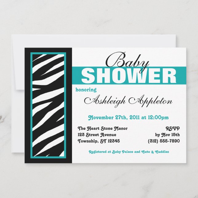 Zebra Print Side Turquoise bébé douche Invitations (Devant)