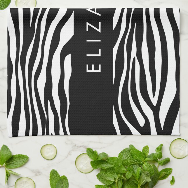 Zebra Print, Streifen, Schwarz und Weiß, Ihr Name Geschirrtuch (Gefaltet)