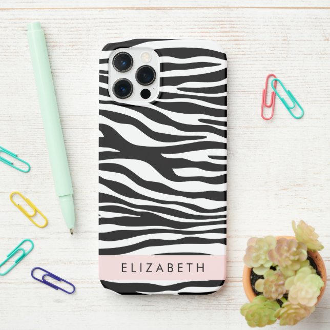 Zebra Print, Streifen, Schwarz und Weiß, Ihr Name iPhone 12 Pro Hülle (Auf dem Schreibtisch)
