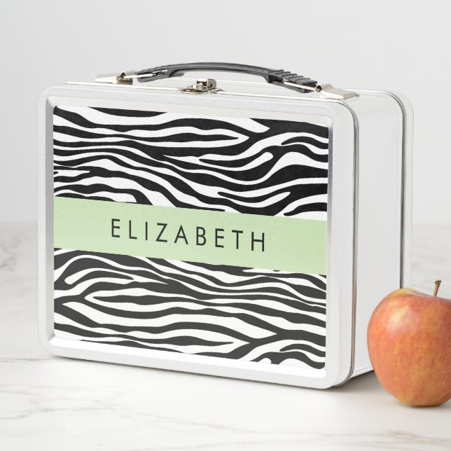 Zebra Print, Streifen, Schwarz und Weiß, Ihr Name Metall Brotdose (Beispiel)