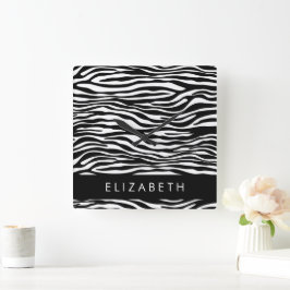 Zebra Print, Streifen, Schwarz und Weiß, Ihr Name Quadratische Wanduhr