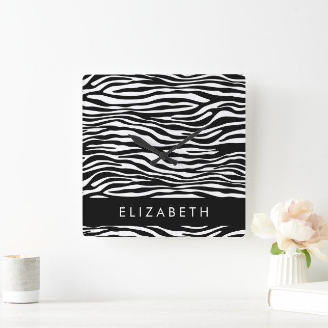 Zebra Print, Streifen, Schwarz und Weiß, Ihr Name Quadratische Wanduhr (Zuhause)