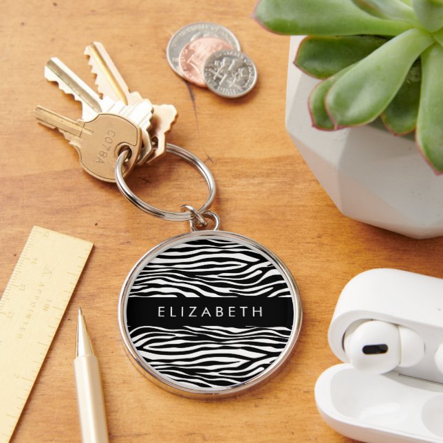 Zebra Print, Streifen, Schwarz und Weiß, Ihr Name Schlüsselanhänger (Schreibtisch)