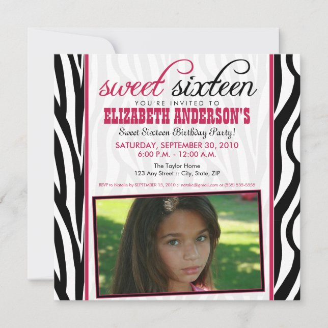 Zebra Print Sweet 16 Party Einladung (hot pink) (Vorderseite)