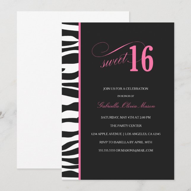 Zebra Print Sweet 16 Party Einladungen (Vorne/Hinten)