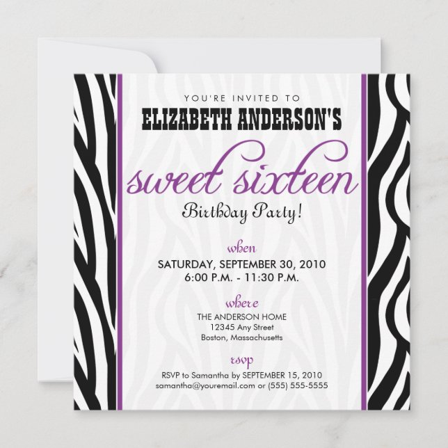Zebra Print Sweet 16 Party Invitation (violet) (Devant)