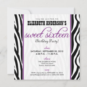 Zebra Print Sweet 16 Party Invitation (violet)