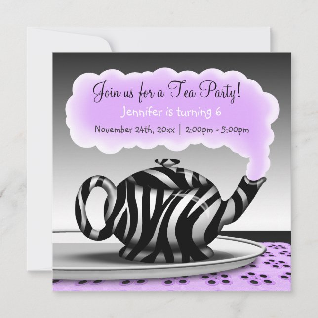 Zebra Print Teapot Tea Party Einladung zum Geburts (Vorderseite)