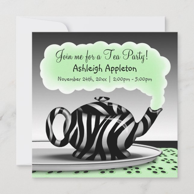 Zebra Print Teapot Tea Party invitations (Devant)