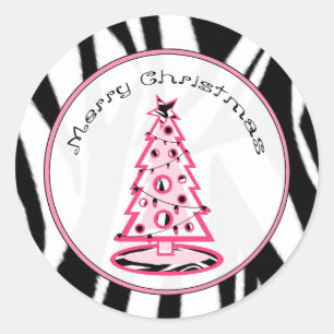 Zebra Print und rosa Weihnachtsbaumaufkleber Runder Aufkleber