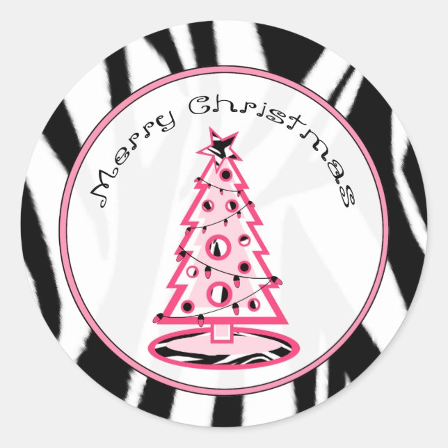 Zebra Print und rosa Weihnachtsbaumaufkleber Runder Aufkleber (Vorderseite)