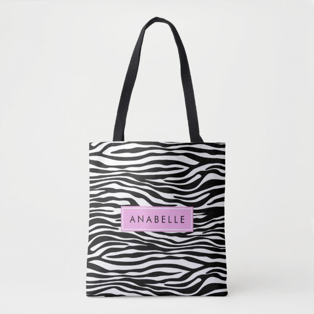 Zebra Print, Zebra, Schwarz und Weiß, Ihr Name Tasche (Vorderseite)