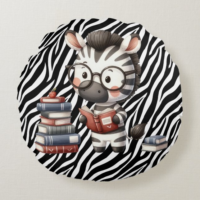 Zebra Reading Bücher. Rundes Kissen (Vorderseite)