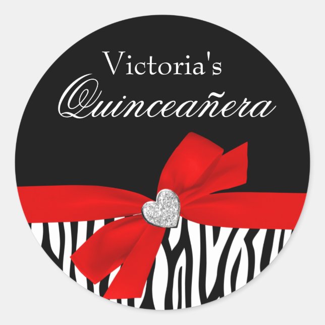 Zebra Red Bow Diamond Quinceanera Runder Aufkleber (Vorderseite)