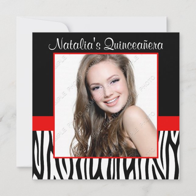 Zebra Red Foto Quinceanera Einladungen (Vorderseite)
