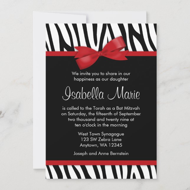 Zebra Red Printed Bow Bat Mitzvah Einladungen (Vorderseite)