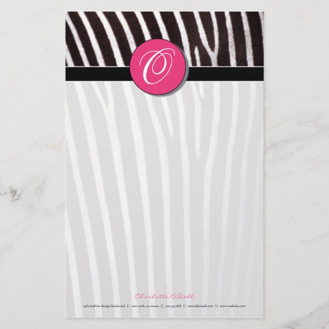 Zebra; rosa Monogramm Briefpapier (Vorderseite)