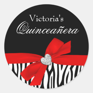 Zebra-roter Bogen-Diamant Quinceanera Runder Aufkleber