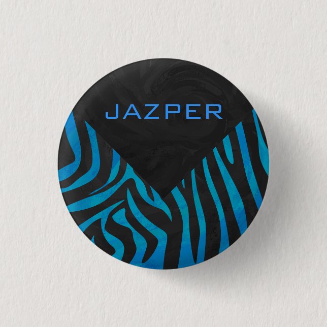 Zebra Schwarz und Blau mit Monogramm Button (Vorderseite)