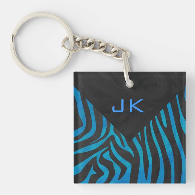 Zebra Schwarz und Blau mit Monogramm Schlüsselanhänger (Vorderseite)