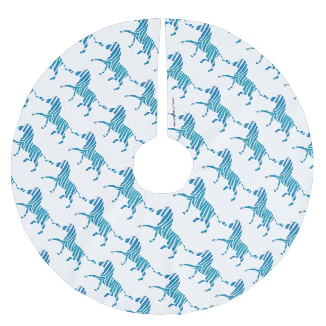Zebra Silhouette Blau und Weiß Polyester Weihnachtsbaumdecke (Vorderseite)