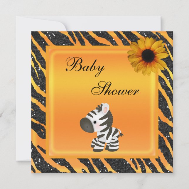Zebra, Sonnenblume Animal Print Glitzer Babydusche Einladung (Vorderseite)