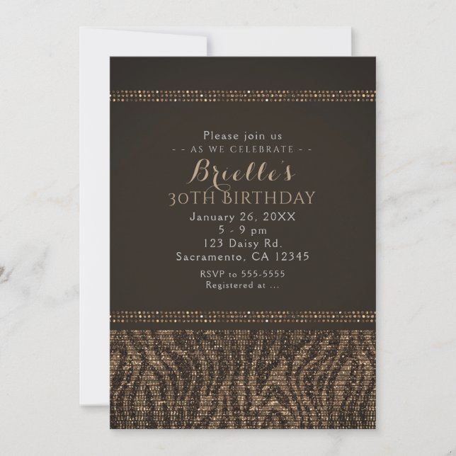 Zebra Sparkle Brown Gold Glam Party Invitations (Devant)