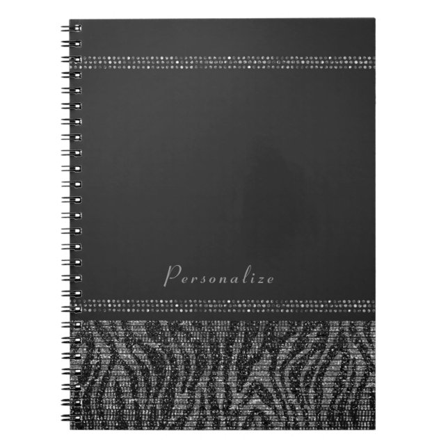 Zebra Sparkle Silver & Black Glam Elegantes Bling Notizblock (Vorderseite)