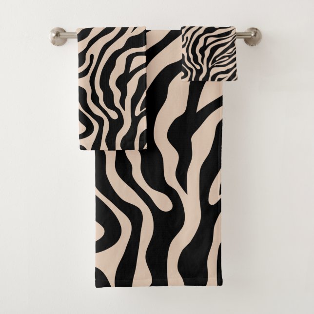 Zebra Streifen Creme Beige Schwarz Wild Animal Pri Badhandtuch Set (Insitu)