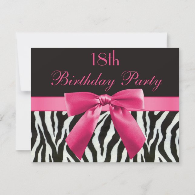 Zebra Streifen & Hot Pink bedruckter Bow 18. Gebur Einladung (Vorderseite)