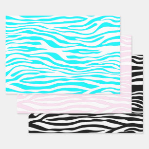 Zebra Streifen in Rosa, Schwarz und Blau Geschenkpapier Set