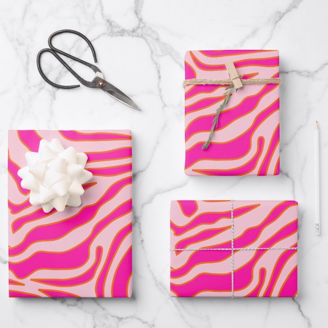 Zebra Streifen Rosa Orange Wild Animal Print Geschenkpapier Set (Vorderseite)