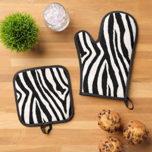 Zebra Streifen Schwarz/Weiß Stilvolle Animal Pri Ofenhandschuh & Topflappen-Set