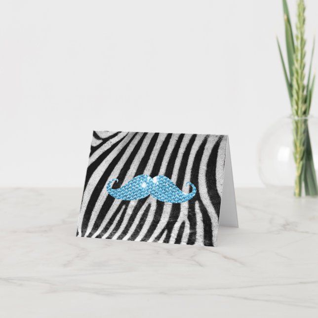 Zebra-Streifen und blauer Bling Schnurrbart Karte (Vorderseite)