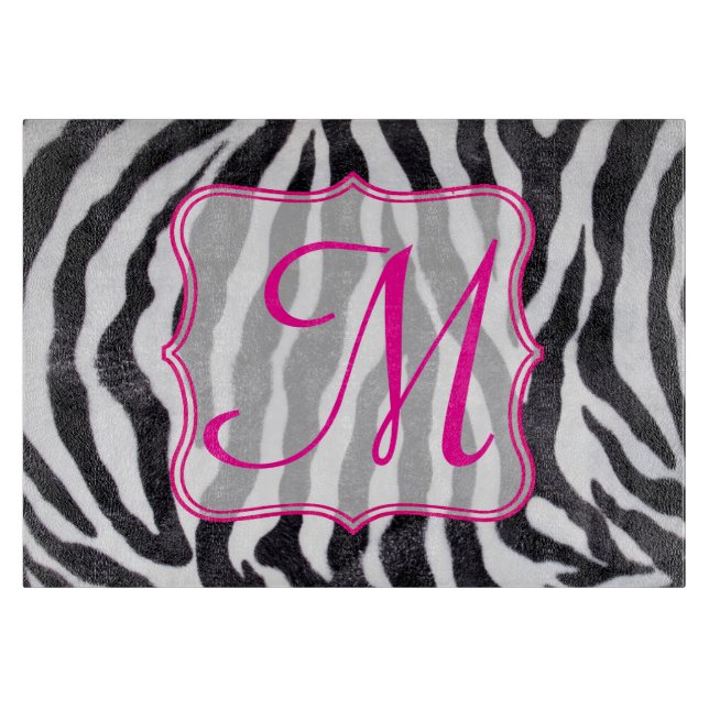 Zebra Strip Animal Monogram Glass Cutting Board Schneidebrett (Vorderseite)