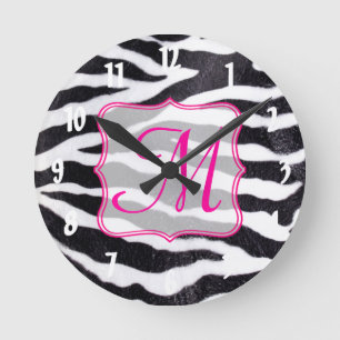 Zebra Stripe Animal Monogram, Initial Wall Clock Runde Wanduhr
