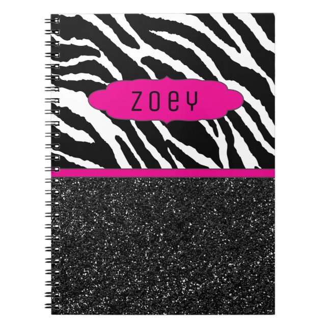Zebra Stripe mit Glitzer Pink Personalisiert Noteb Notizblock (Vorderseite)