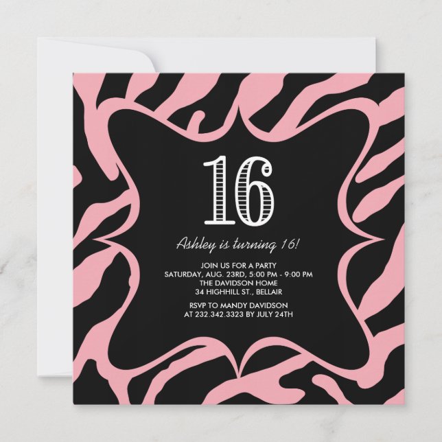 Zebra Sweet 16 Einladungen (Vorderseite)